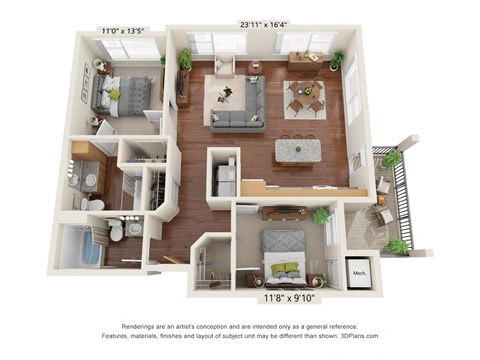 Floor plan for 2 beds, 2 baths, 1114 sqft